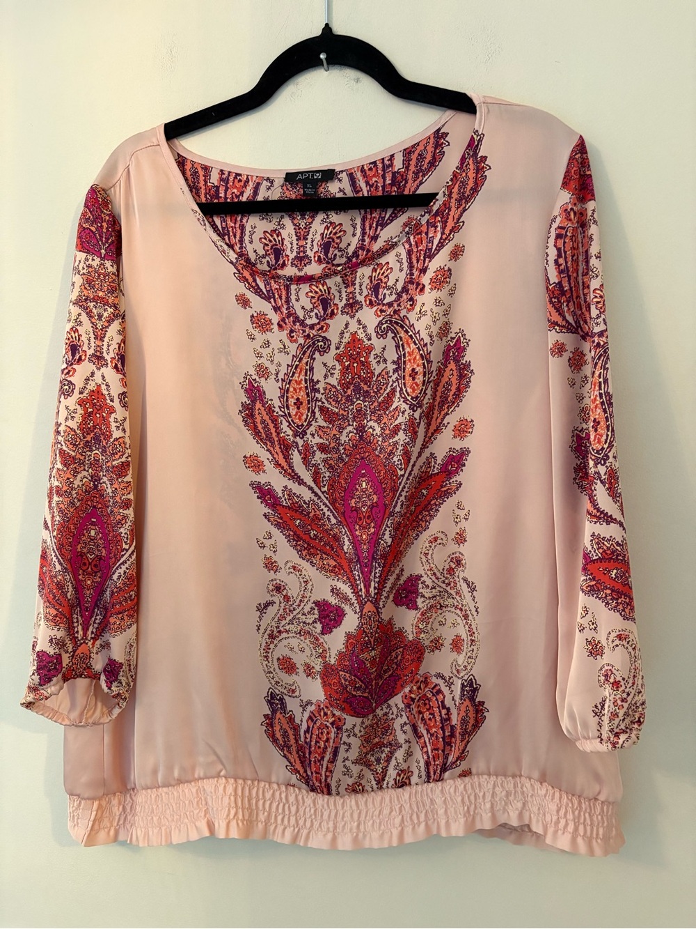 Apt. 9 Pink Paisley Print Bubble Hem Blouse with Smocked Waist Size XL Boho